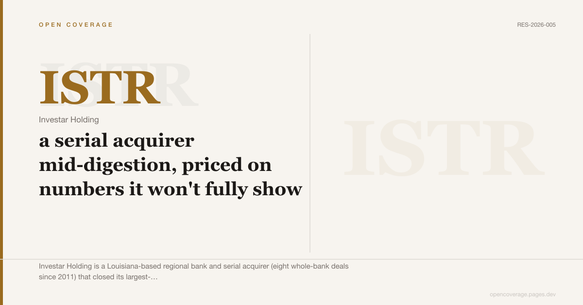 Investar Holding (ISTR): a serial acquirer mid-digestion, priced on numbers it won't fully show